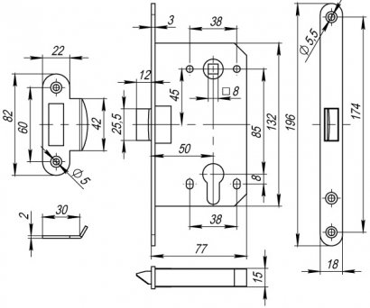 Корпус врезного замка c защёлкой PLASTP85C-50 (P85C-50) GP латунь