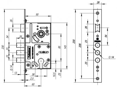 Корпус врезного замка c защёлкой MDV10/C-60.85.3R14