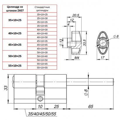 Цилиндровый механизм (Z407/85) Z4007Tang85(50+10+25) со штоком CP хром 