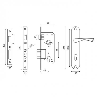 Замок цилиндровый в комплекте с ручкой LOCKSET90.CRONA.4585-3 (KIT P90 4585/3 CRONA) SN мат.никель