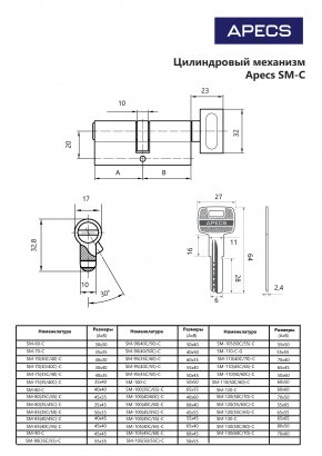 Цилиндровый механизм Apecs SM-80(35C/45)-C-NI