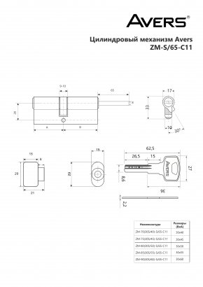 Цилиндровый механизм Avers ZM-80(30S/50)-S/65-C11-CR