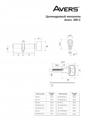 Цилиндровый механизм Avers ZM-100(45C/55)-C-CR