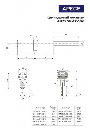 Цилиндровый механизм Apecs SM-90(30S/60)-S/65-NI