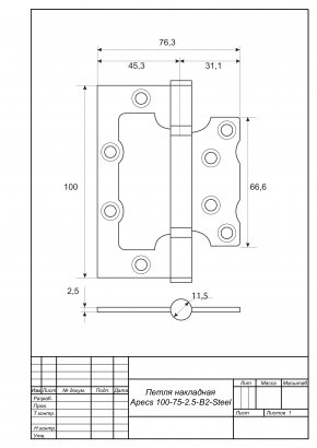 Петля накладная Apecs 100*75*2,5-B2-Steel-W