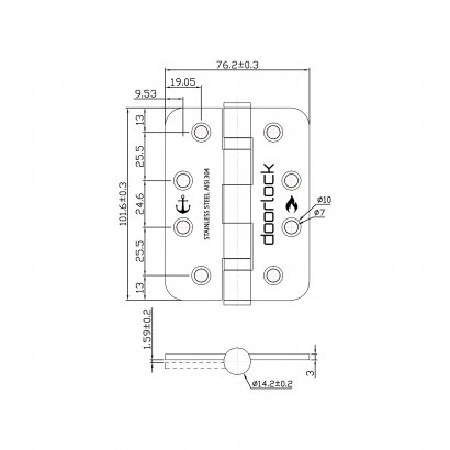 Дверная петля  DL H102/76/2B/R SSS карточная, матовая нержавеющая сталь