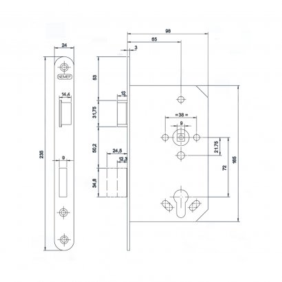 Замок дверной огнестойкий NEMEF 1769/46, антипаник, оцинкованный