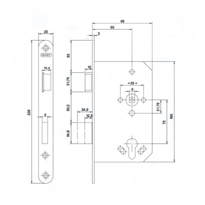 Замок дверной огнестойкий NEMEF 1769/57, антипаник,  нержавеющая сталь
