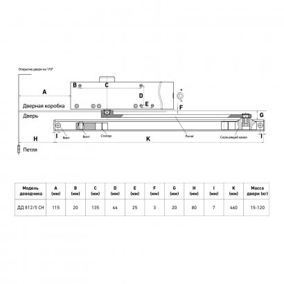 БУЛАТ Доводчик дверной  ДД 812/5 CH-B (CS+LS+HO+BC+DA+PA) (25-120 кг) черный со скольз.тягой