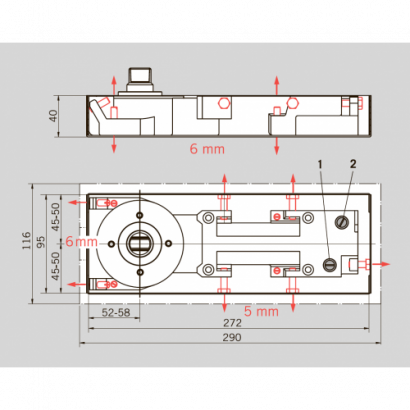 Доводчик DORMA BTS60, фикс. 90˚, корпус, крышка, стд. шпиндель EN 3, с петлей и планкой
