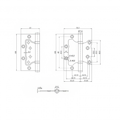 Петля карточная без врезки DOORLOCK H100/76/2BB Black черная, 100х76х2,5мм, 2 подшипника