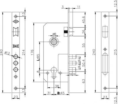 Корпус врезного замка с защёлкой 152/3MR (45 mm) w/b (никель)