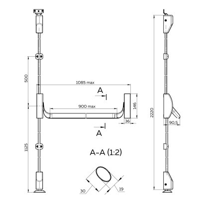 Ручка-штанга нажимная AP.1900C push-bar с тягами для двухстворчатых проф. дверей SL серебро