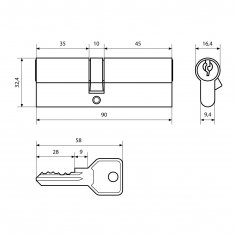 Стандарт Z.I.90-5K (35x10x45) CP 5кл англ.ключ/ключ Цилиндровый механизм