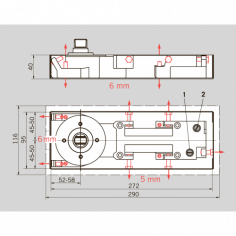 Доводчик DORMA BTS60, фикс. 90˚, корпус, крышка, стд. шпиндель EN 3, с петлей и планкой